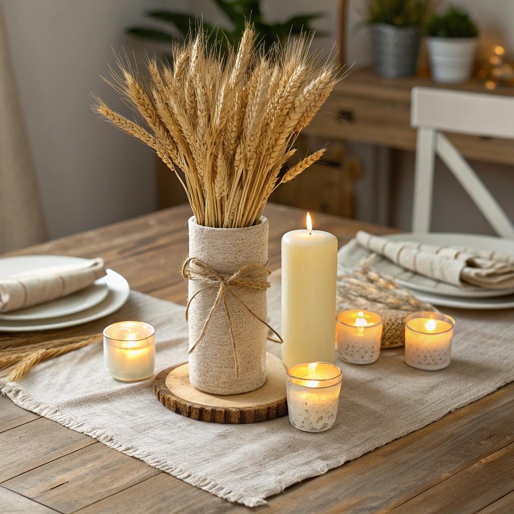 Dried Wheat Bundle with Linen Wrapped Votives
