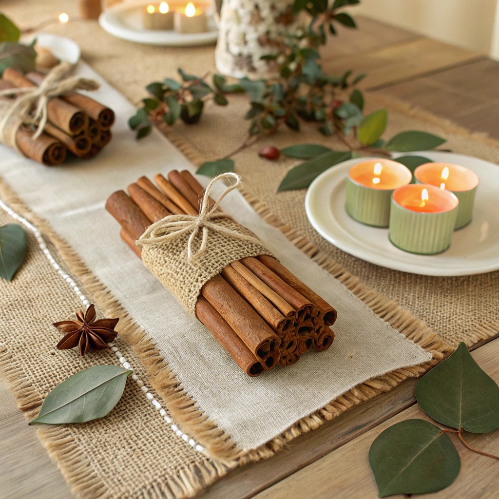 Layered Burlap Runner & Cinnamon Stick Bundles
