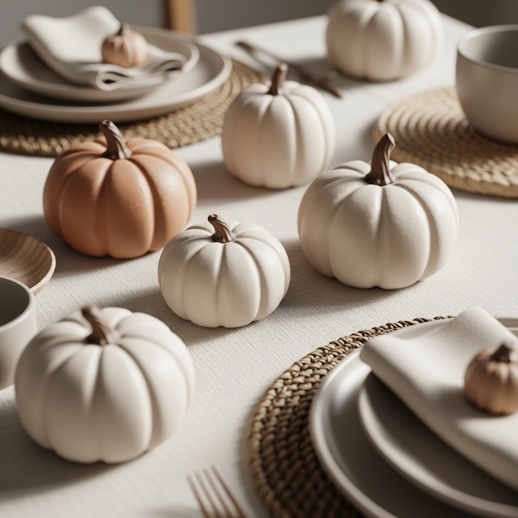 Neutral Clay Pumpkins & Linen Tablecloth