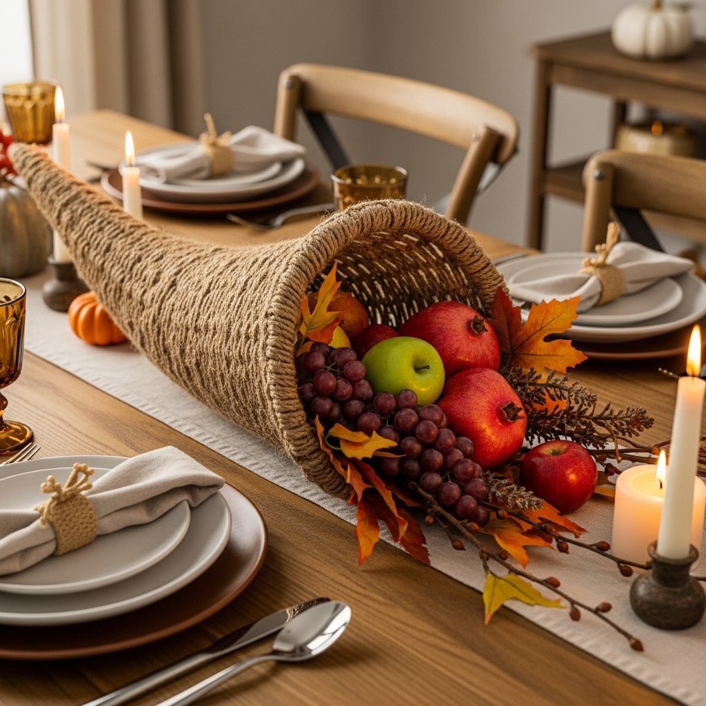 Rustic Cornucopia with Seasonal Fruit