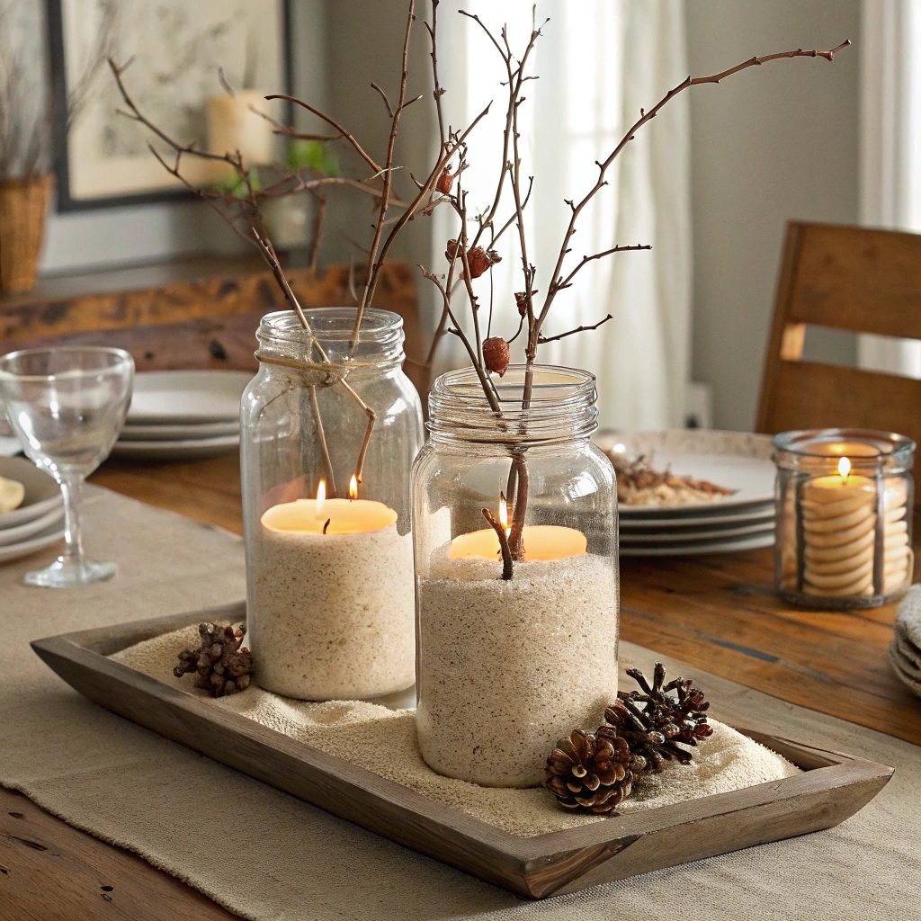 Tall Mason Jars with Sand and Branches