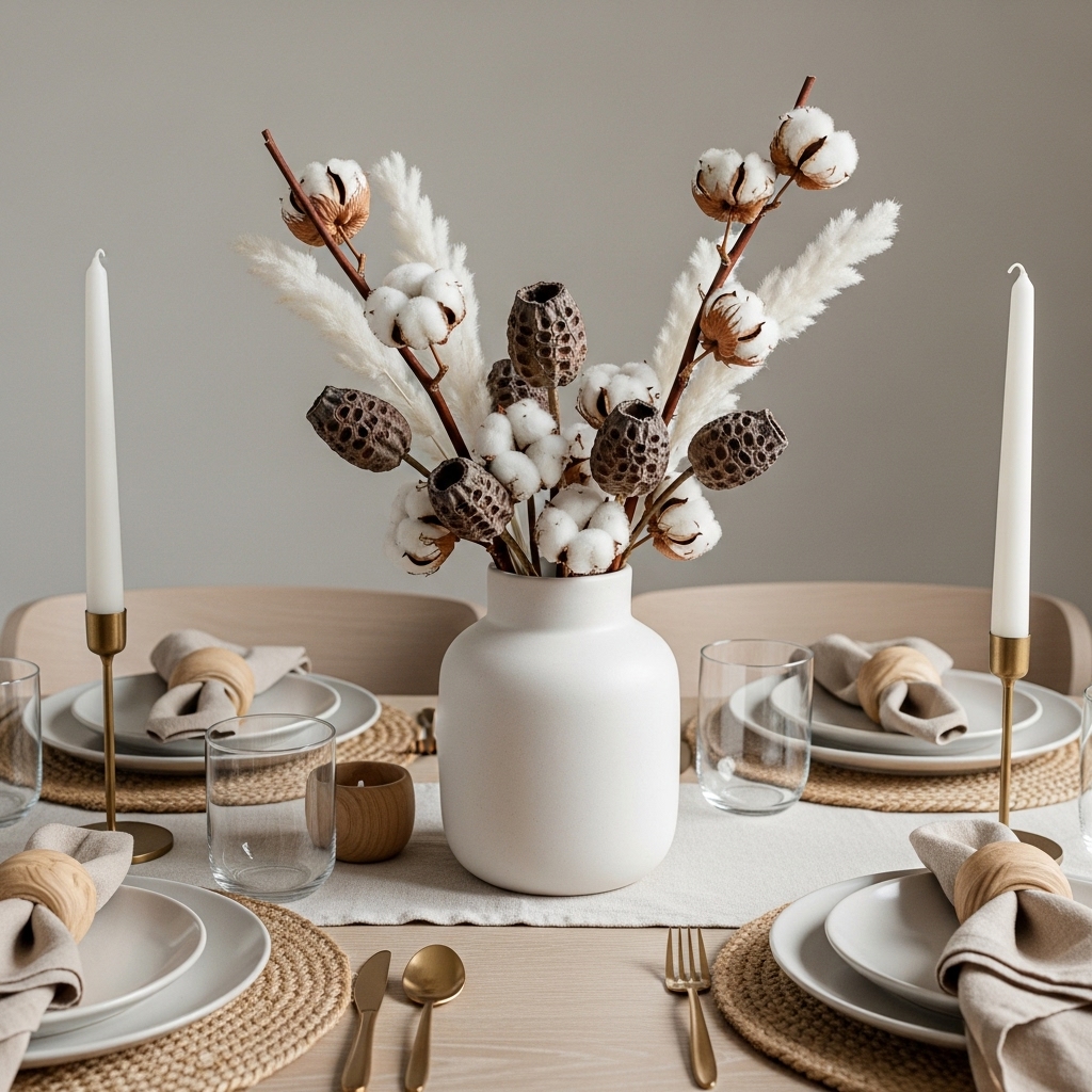 White Ceramic Vase with Cotton Stems and Seed Pods