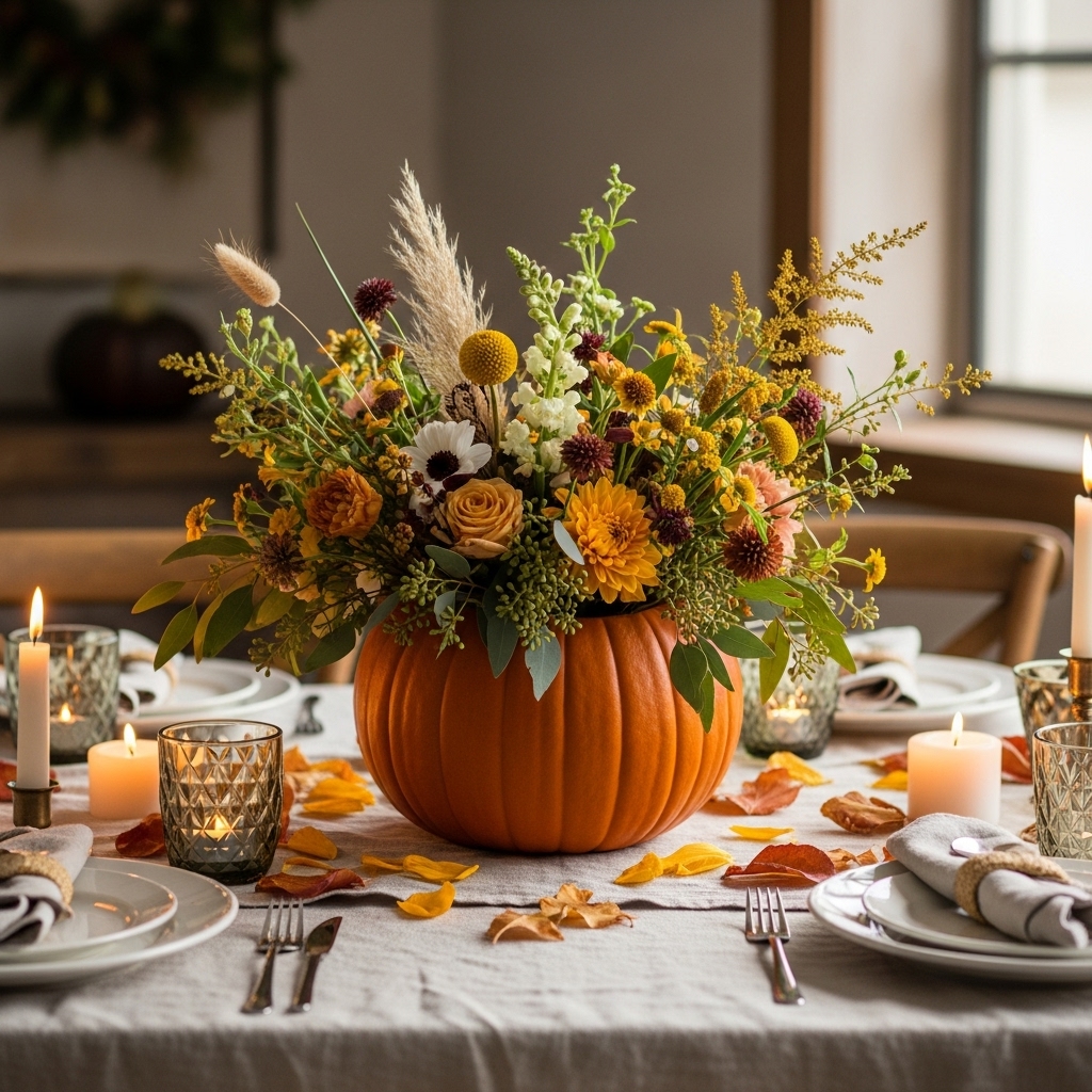 Wildflowers in a Hollowed-Out Pumpkin