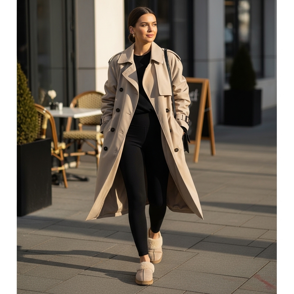 Beige Oversized Trench and Black Leggings
