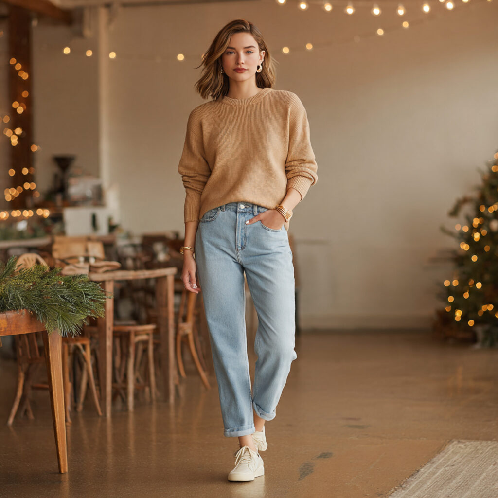  Camel Crew Neck Sweater with Relaxed Jeans