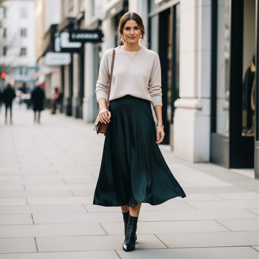 Classic Cashmere Sweater with Midi Skirt