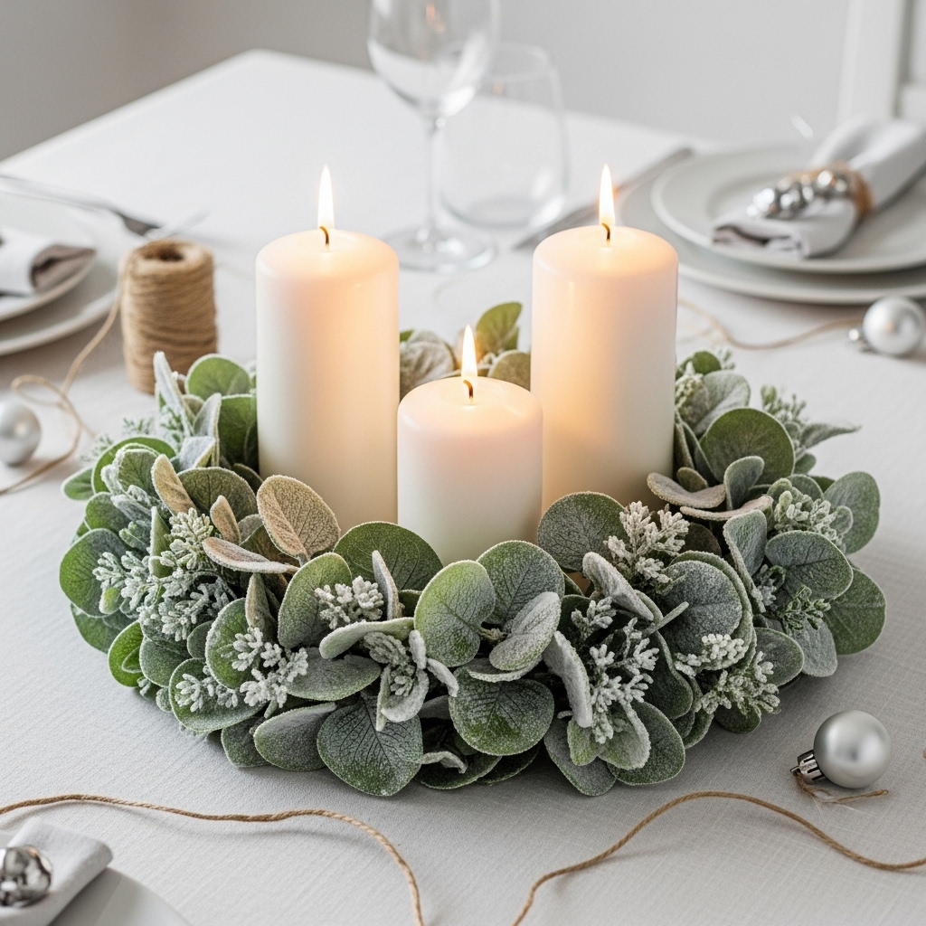 Frosted Eucalyptus & White Candle Ring