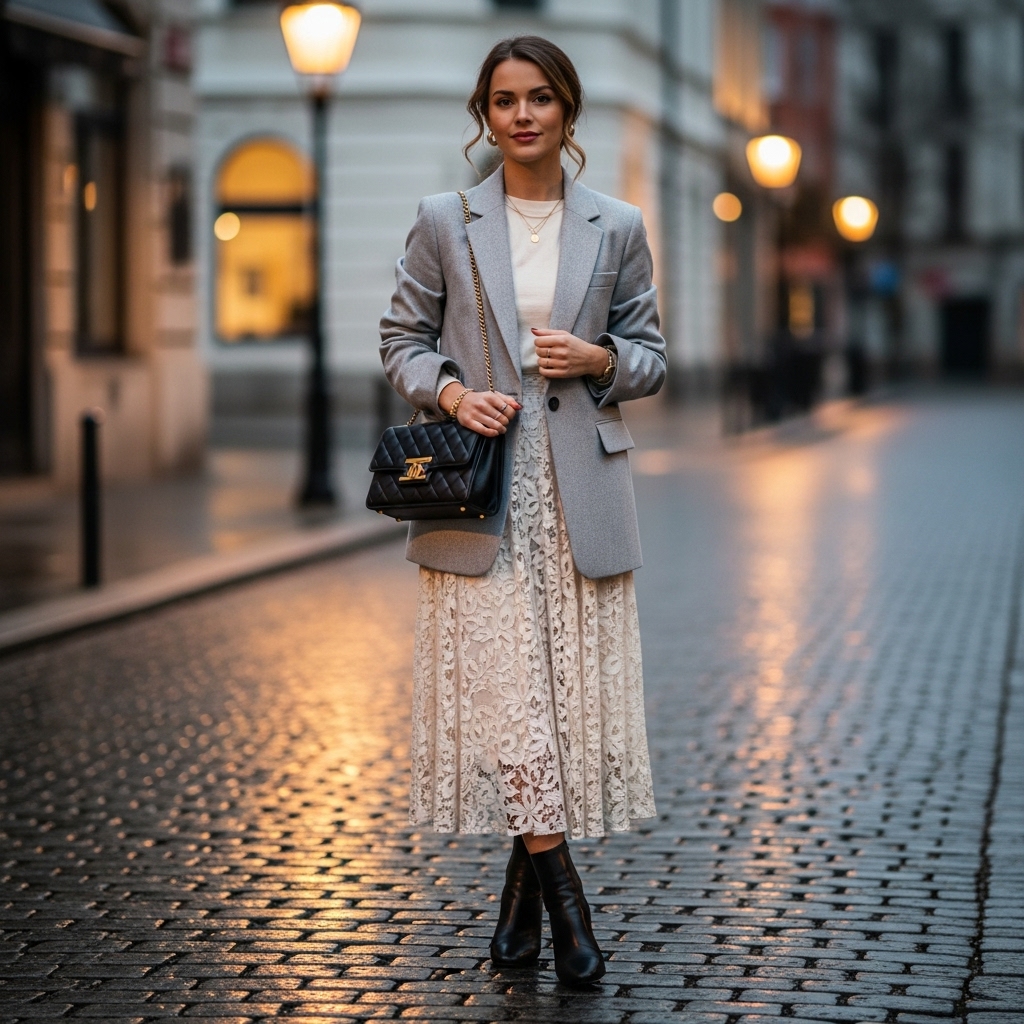 Gray Blazer with Lace Midi Skirt