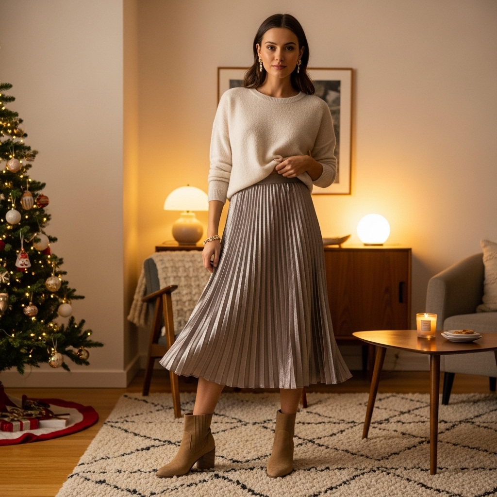 Metallic Pleated Midi Skirt and Sweater