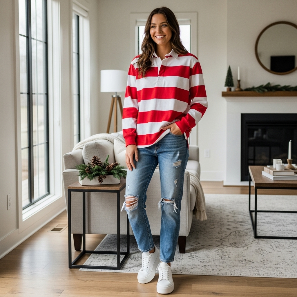 Striped Rugby Shirt and Distressed Jeans