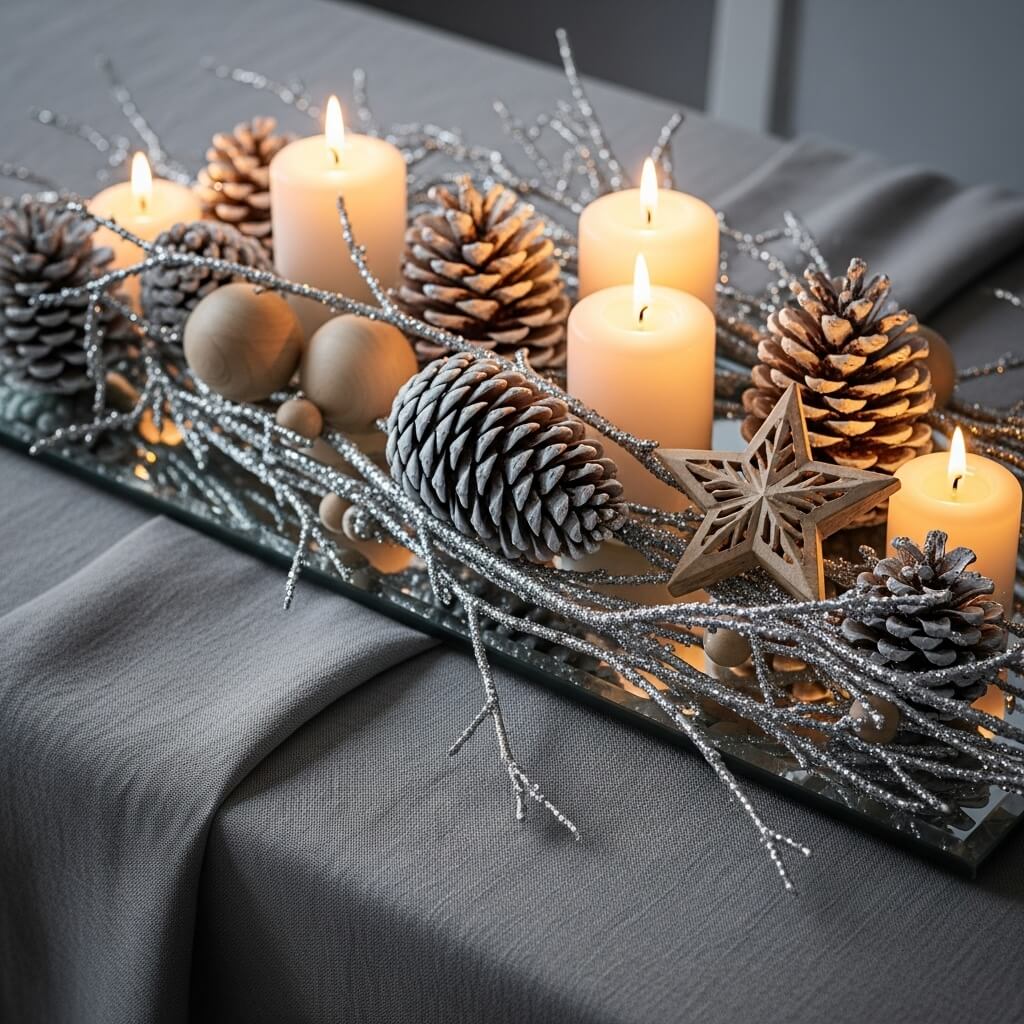 White Pinecones and Silver Branches
