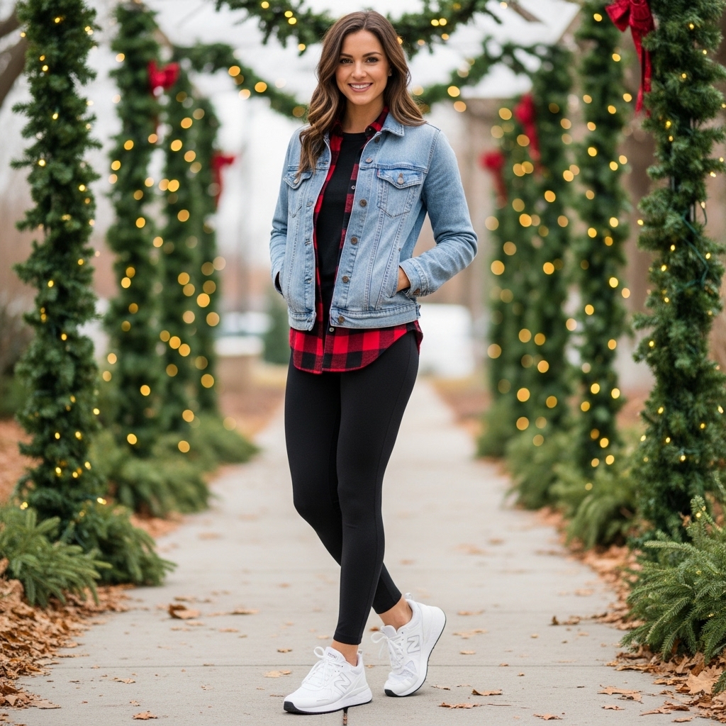 Denim Jacket + Flannel Shirt + Thermal Leggings + Sneakers