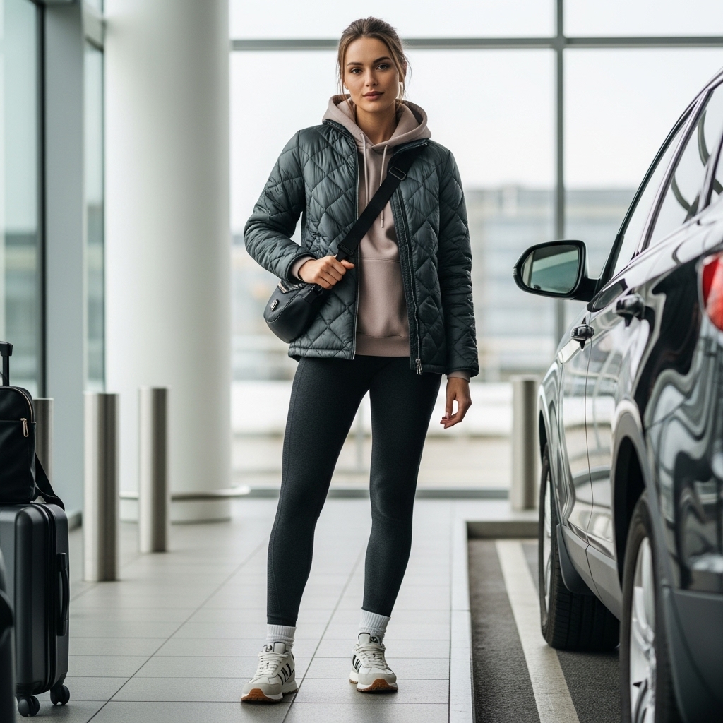 Quilted Jacket + Hoodie + Thermal Leggings + Sneakers