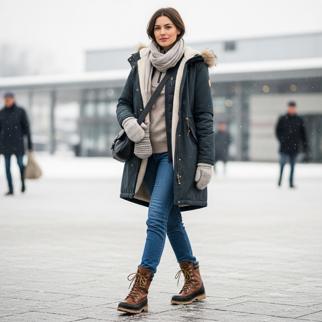 Fleece-Lined Parka + Thermal Sweater + Jeans + Rugged Boots