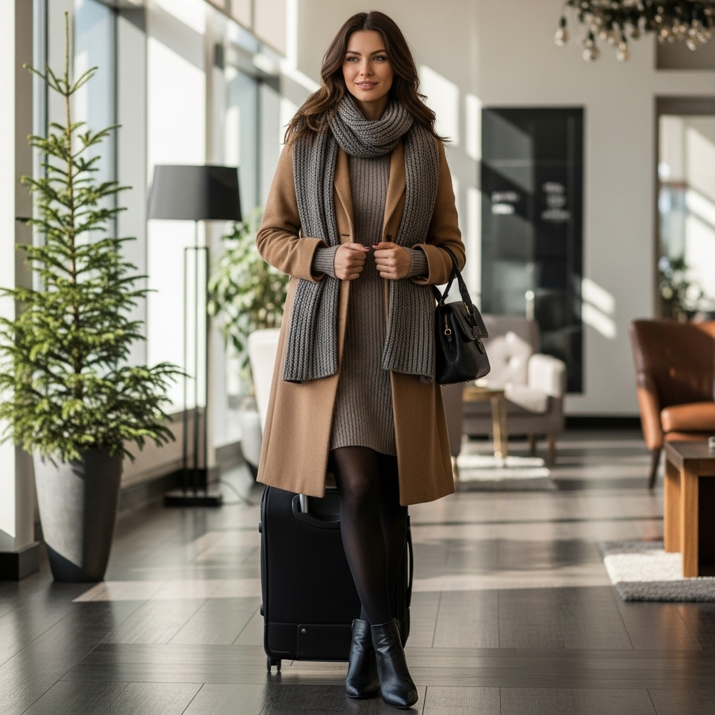 Wool Blend Coat + Scarf + Knit Dress + Tights + Ankle Boots
