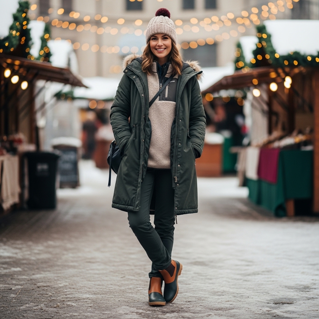 Insulated Parka + Fleece Pullover + Waterproof Boots + Wool Beanie