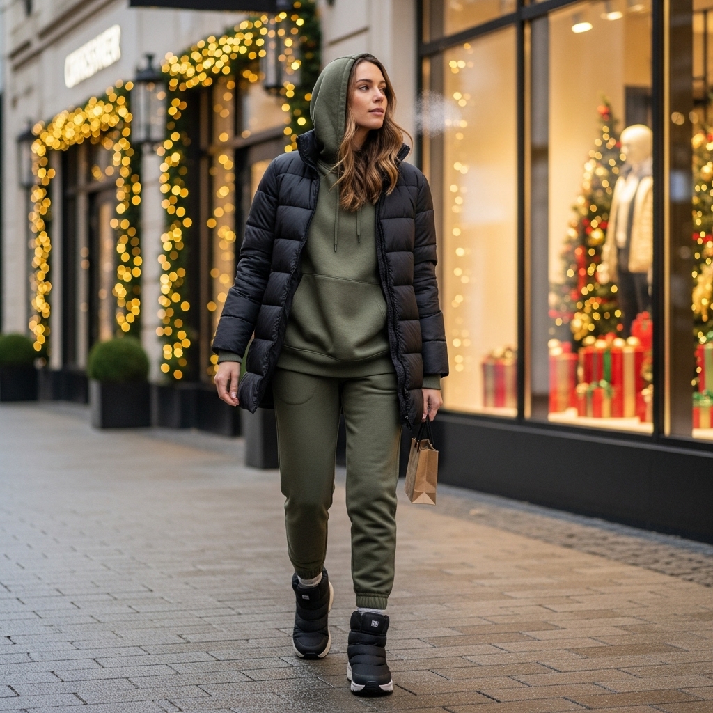 Lightweight Puffer Coat + Hoodie + Joggers + Winter Sneakers