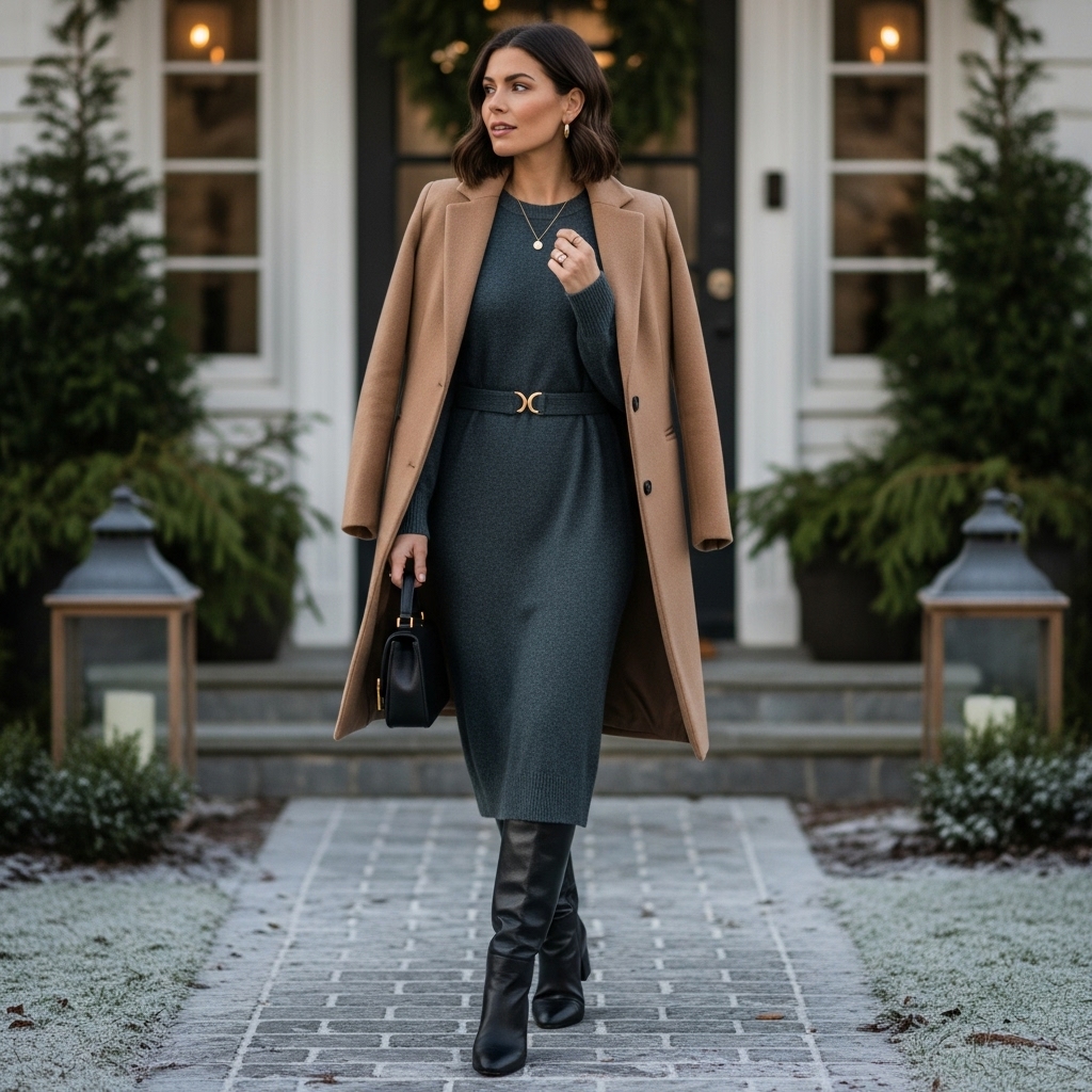 Knit Midi Dress + Wool Coat + Knee-High Boots
