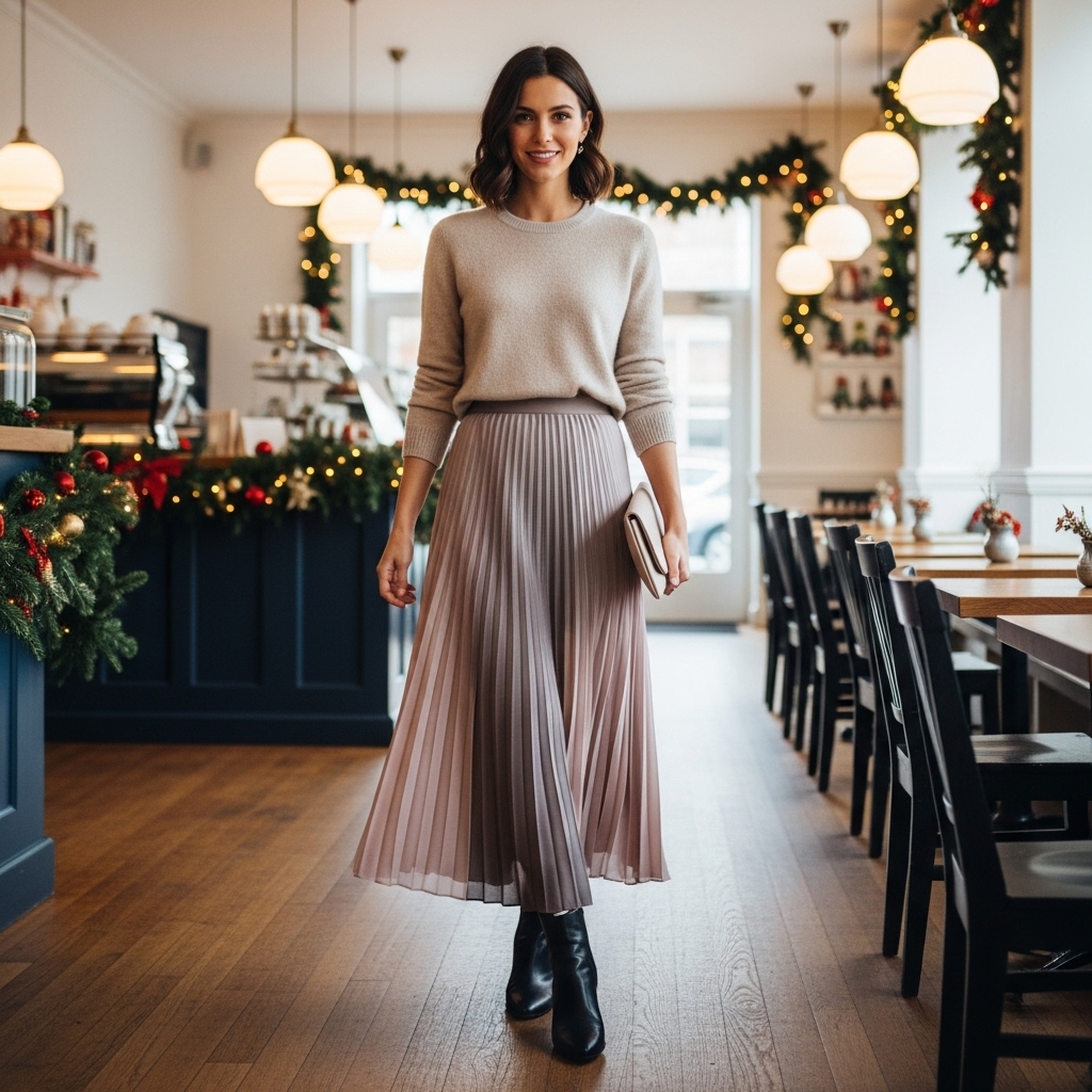 Cashmere Sweater + Pleated Midi Skirt + Ankle Boots