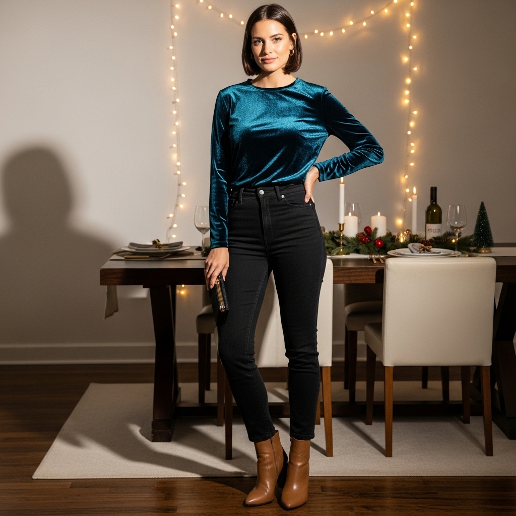 Velvet Top + High-Waisted Jeans + Block Heel Booties