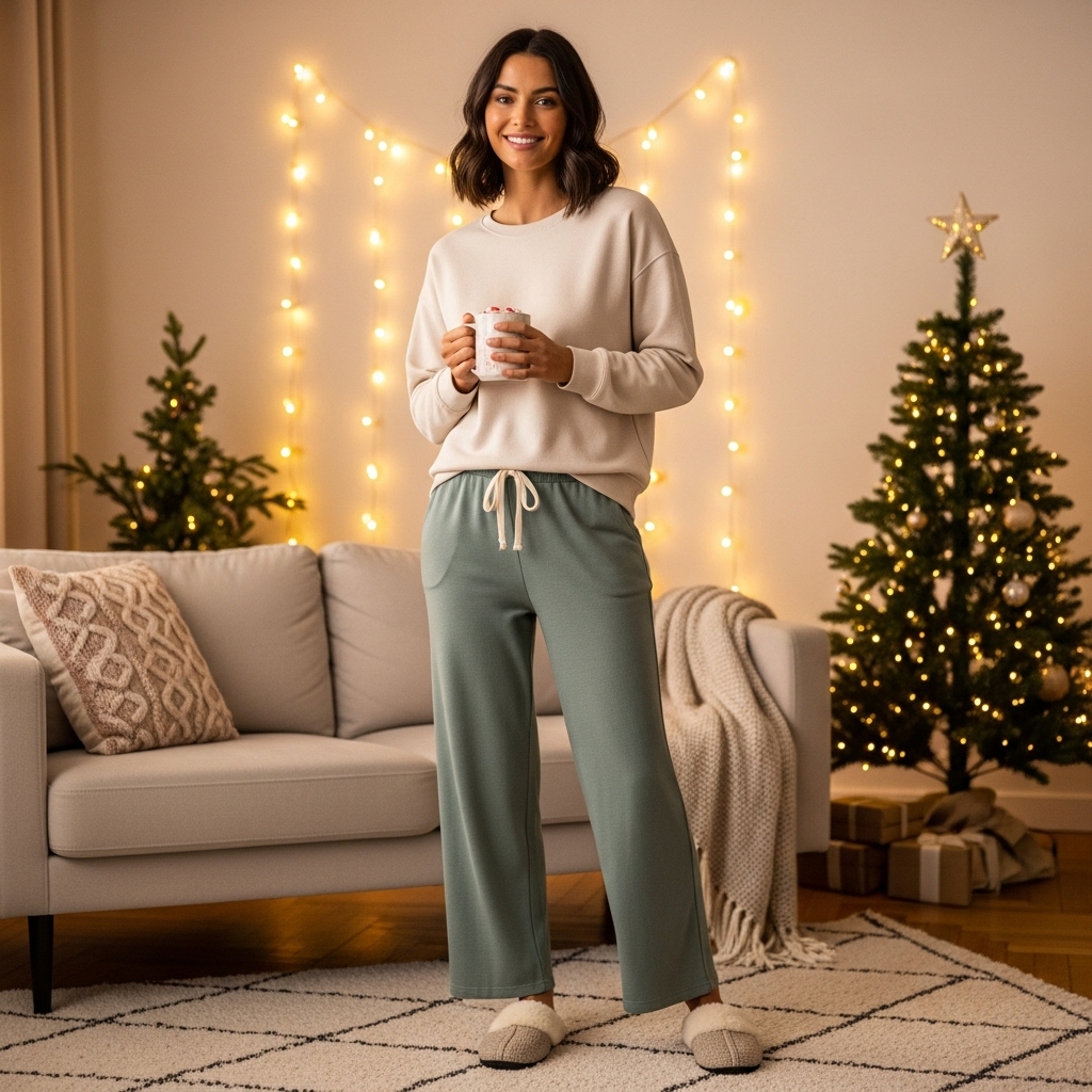 Soft Sweatshirt + Wide-Leg Lounge Pants + Slip-On Slippers