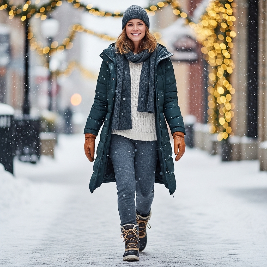 Down Coat + Layered Sweater + Thermal Pants + Snow Boots