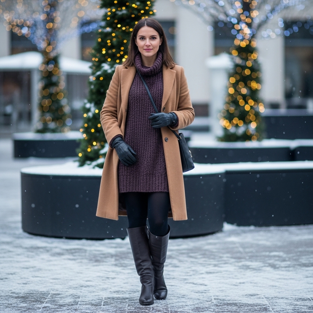 Wool Coat + Layered Sweater Dress + Thick Tights + Tall Boots