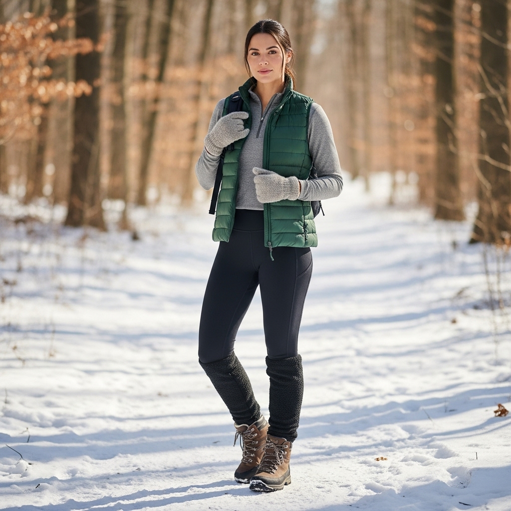 Puffer Vest + Long-Sleeve Shirt + Fleece-Lined Leggings + Hiking Boots