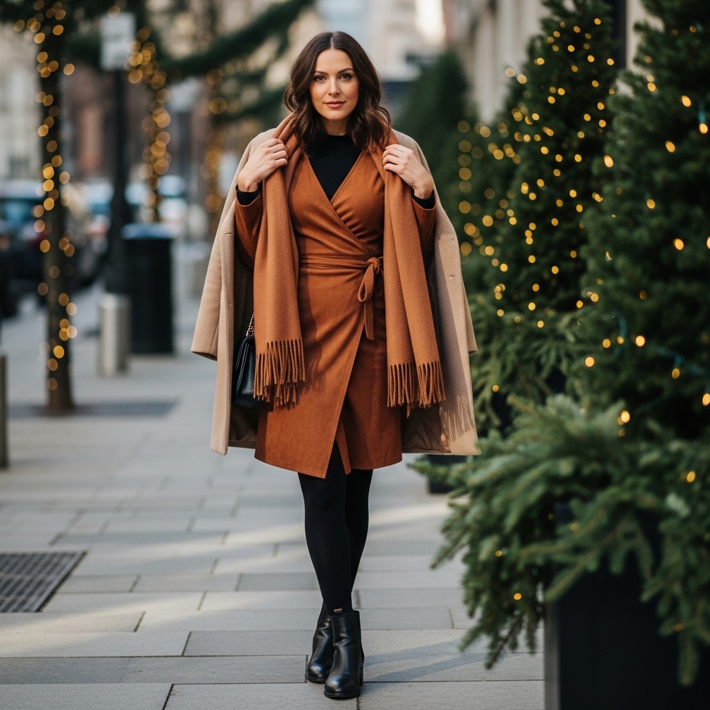 Suede Wrap Dress + Tall Tights + Chelsea Boots