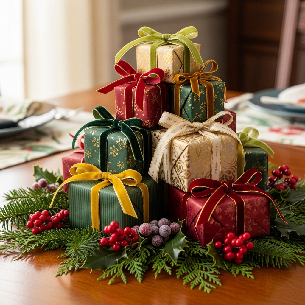 Wrapped Gifts Stacked as a Centerpiece