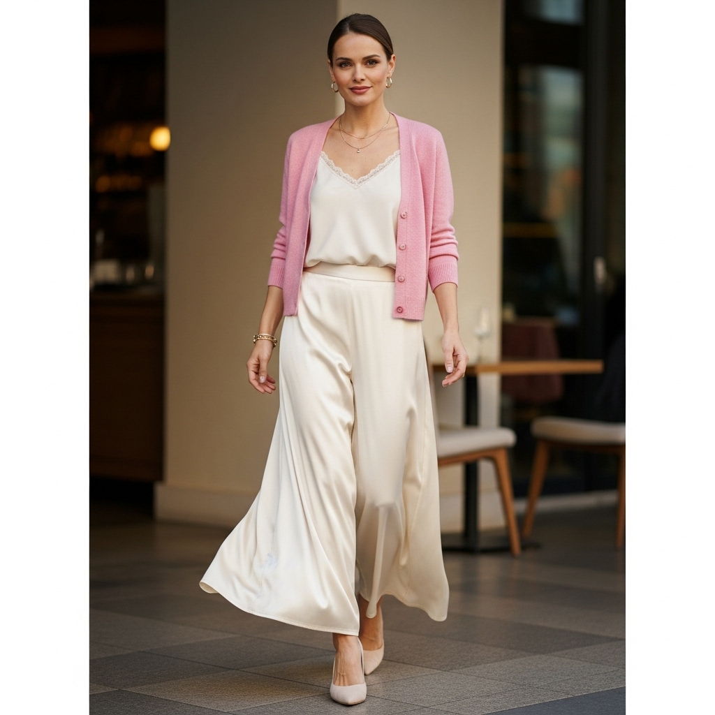 Baby Pink Cardigan with a Cream Camisole and Wide-Leg Pants