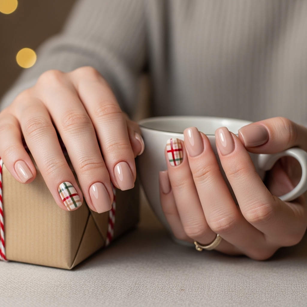 Beige Nails with Plaid Accents