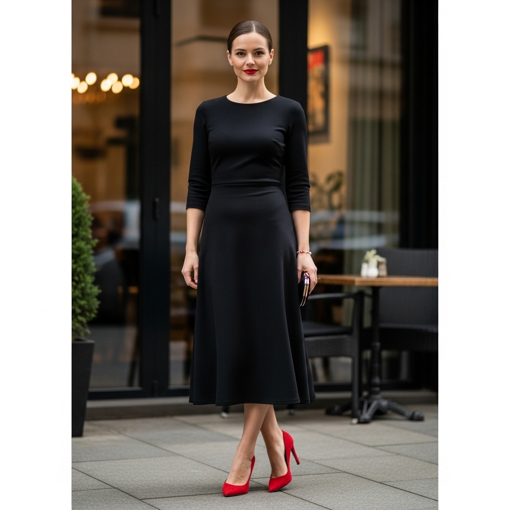 Black Midi Dress with Red Heels
