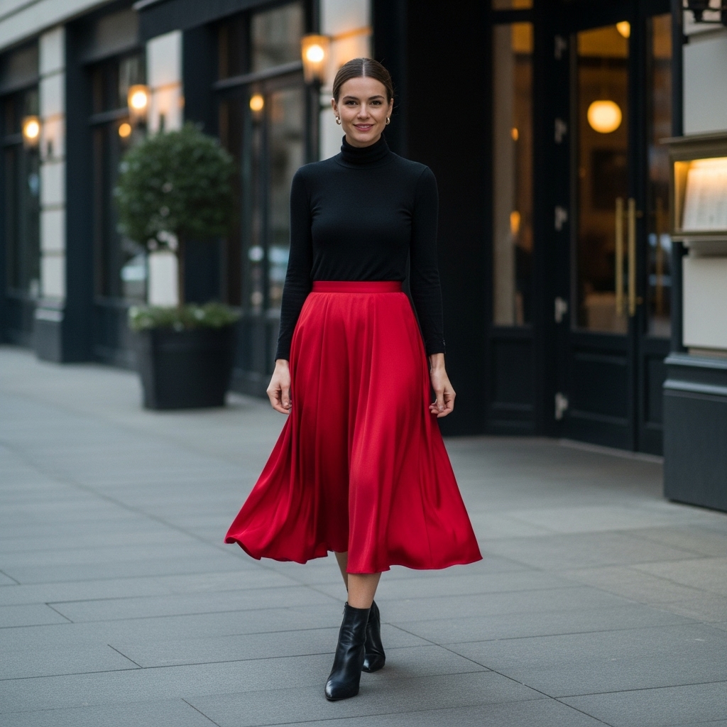 Black Turtleneck with a Red Midi Skirt