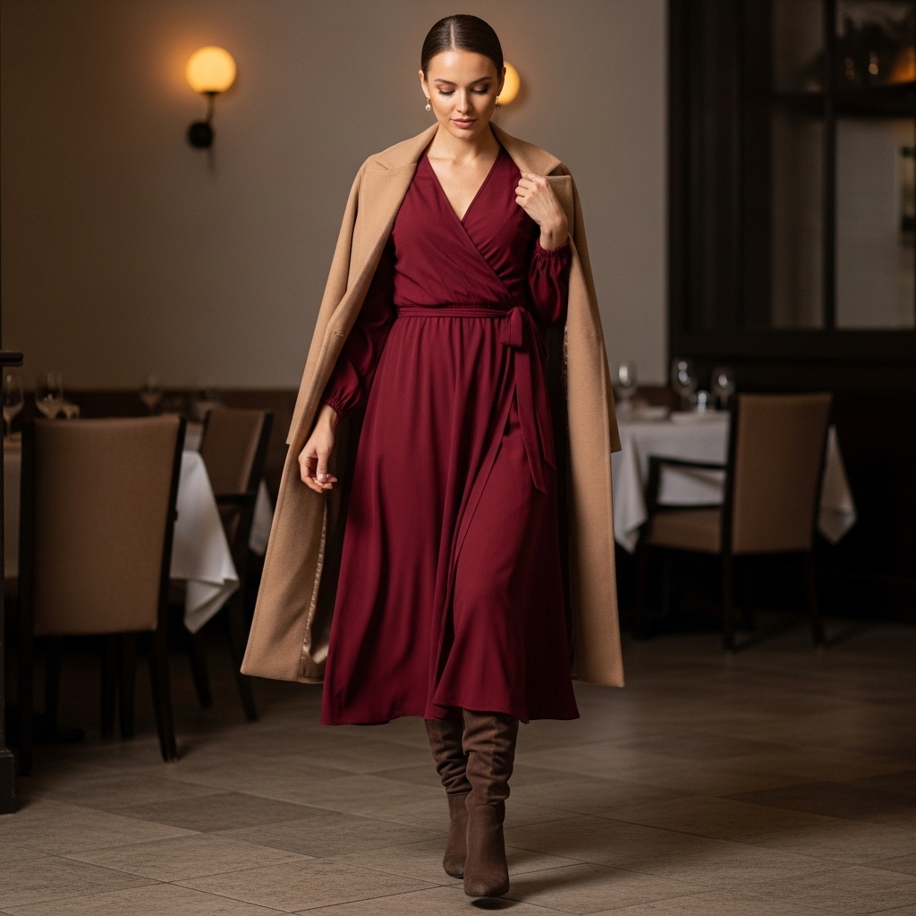 Burgundy Wrap Dress with Knee-High Boots