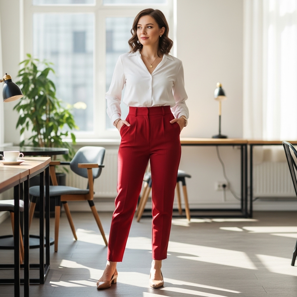 Classic White Button-Down with High-Waist Red Trousers