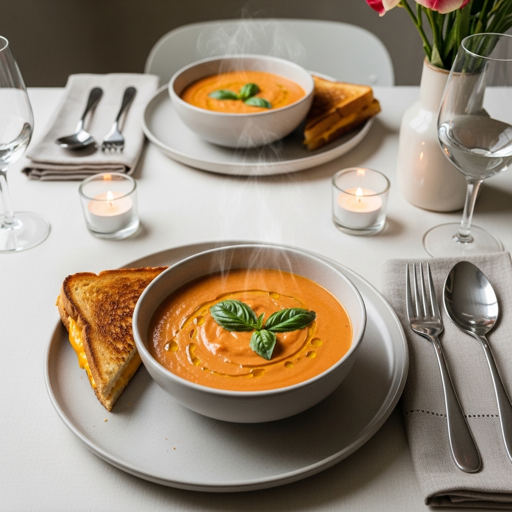 Creamy Tomato Basil Soup with Grilled Cheese