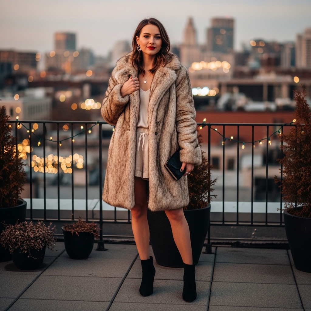 Faux-Fur Coat with Slip Shorts