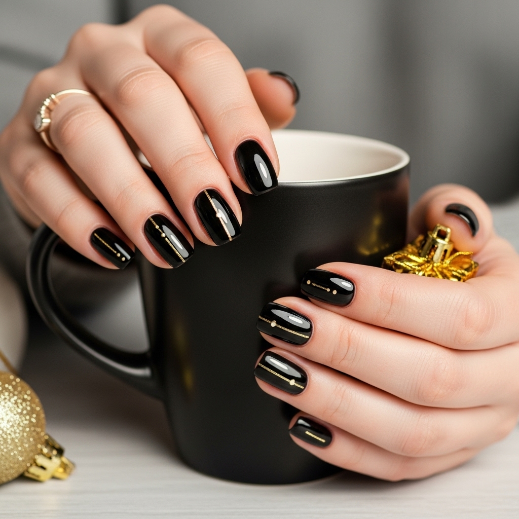 Glossy Black Nails with Gold Details