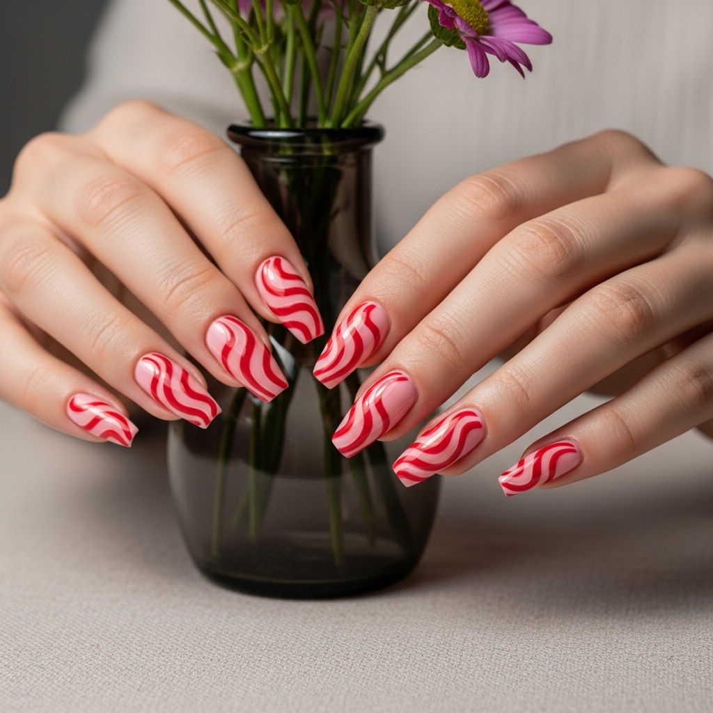 Light Pink Nails With Red Swirls