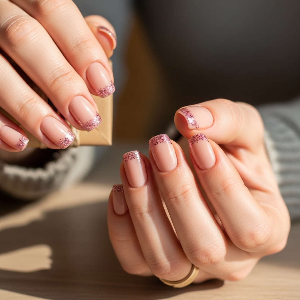 Nude Nails With Pink Glitter Tips