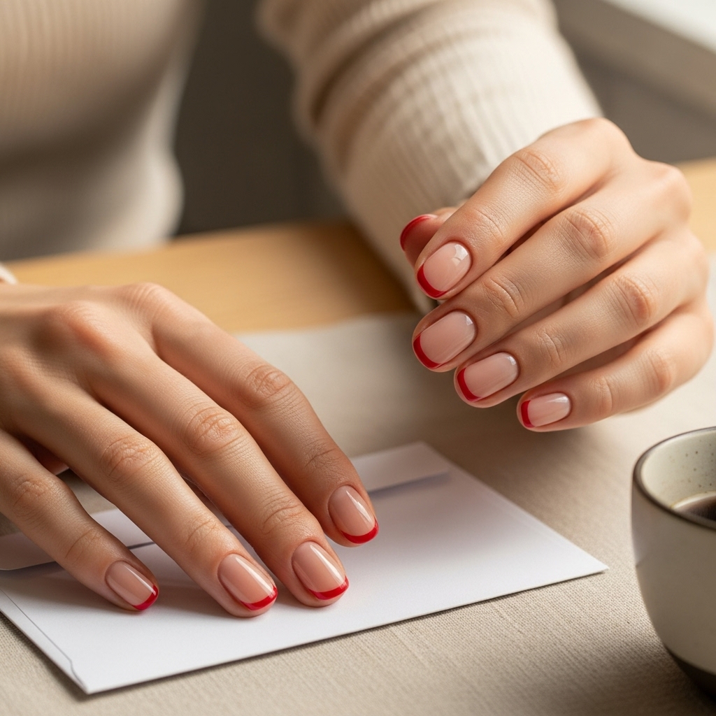 Nude Nails With Red Cuticle Cuffs