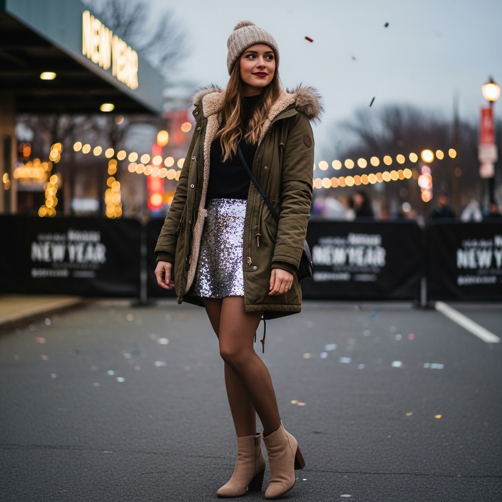 Parka Over a Sequin Mini