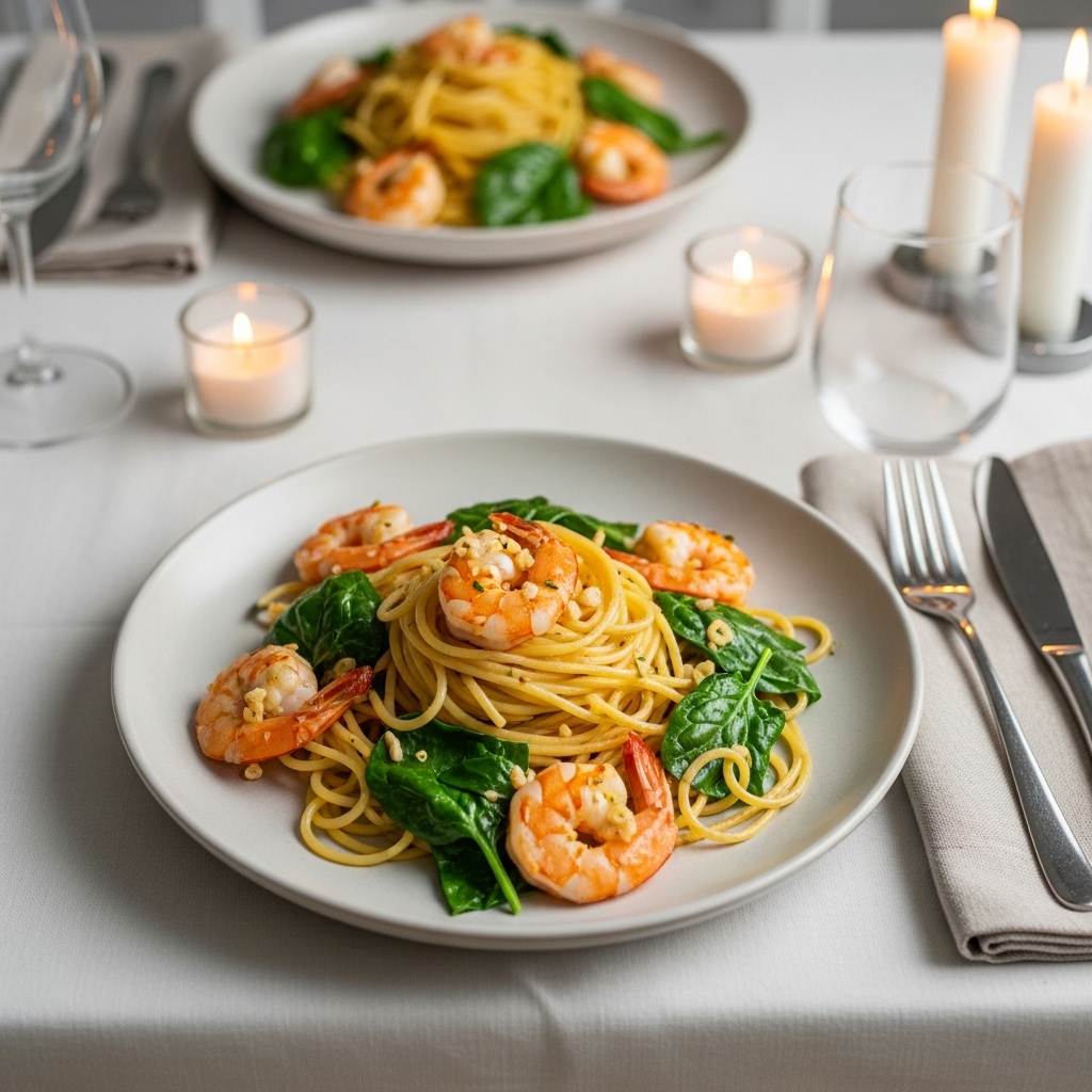 Pasta with Garlic Shrimp and Spinach