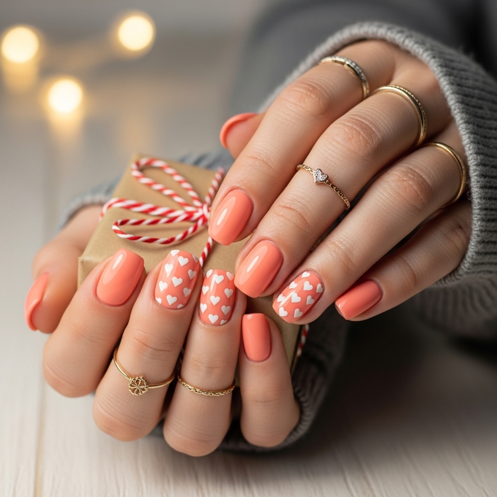 Peach Nails With White Hearts