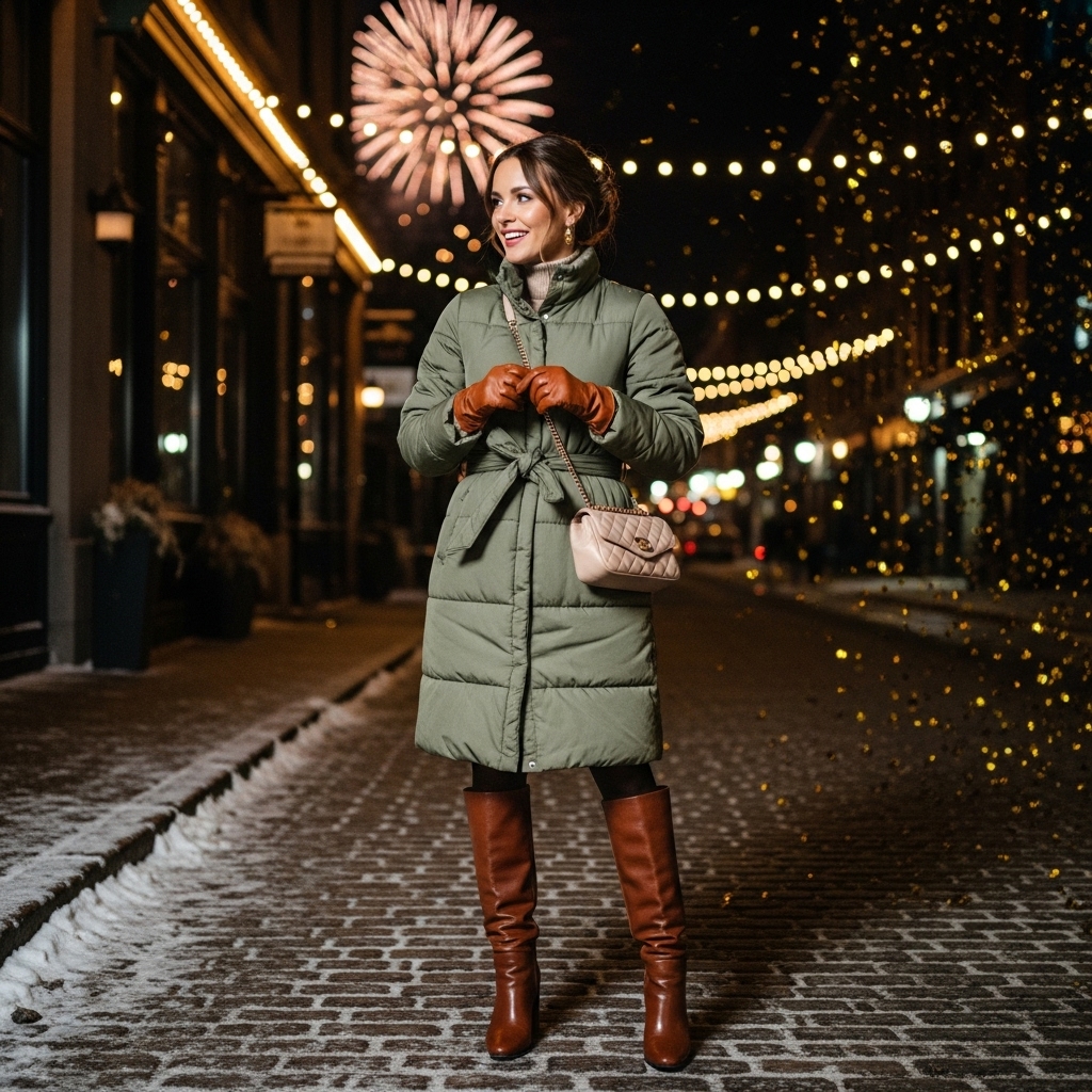 Puffer Dress with Tall Boots