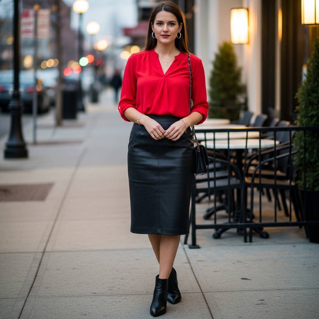Red Blouse with a Black Leather Skirt