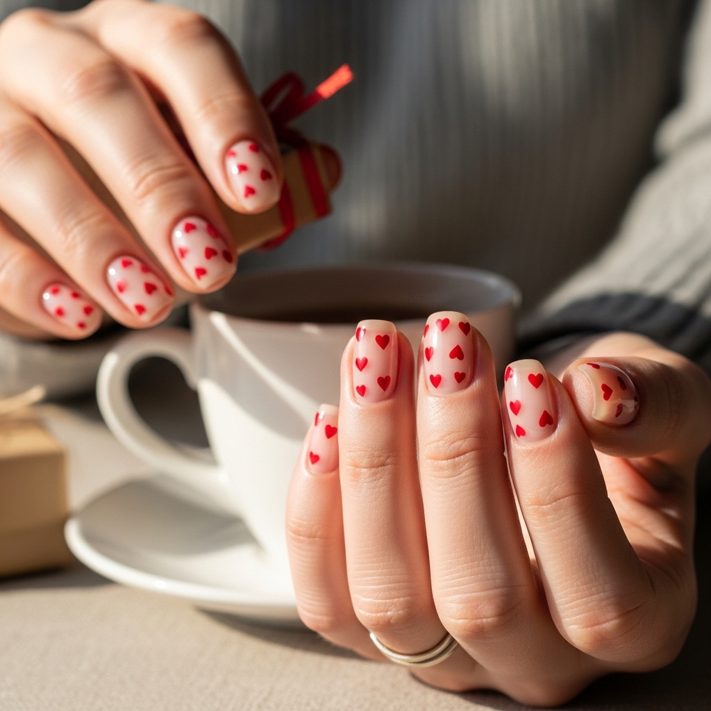 Red Hearts on Clear Nails