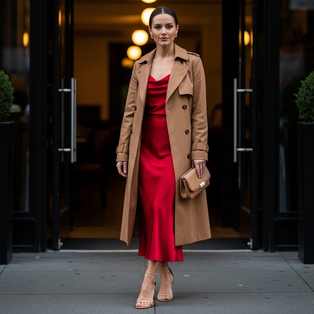 Red Satin Slip Dress with a Neutral Trench
