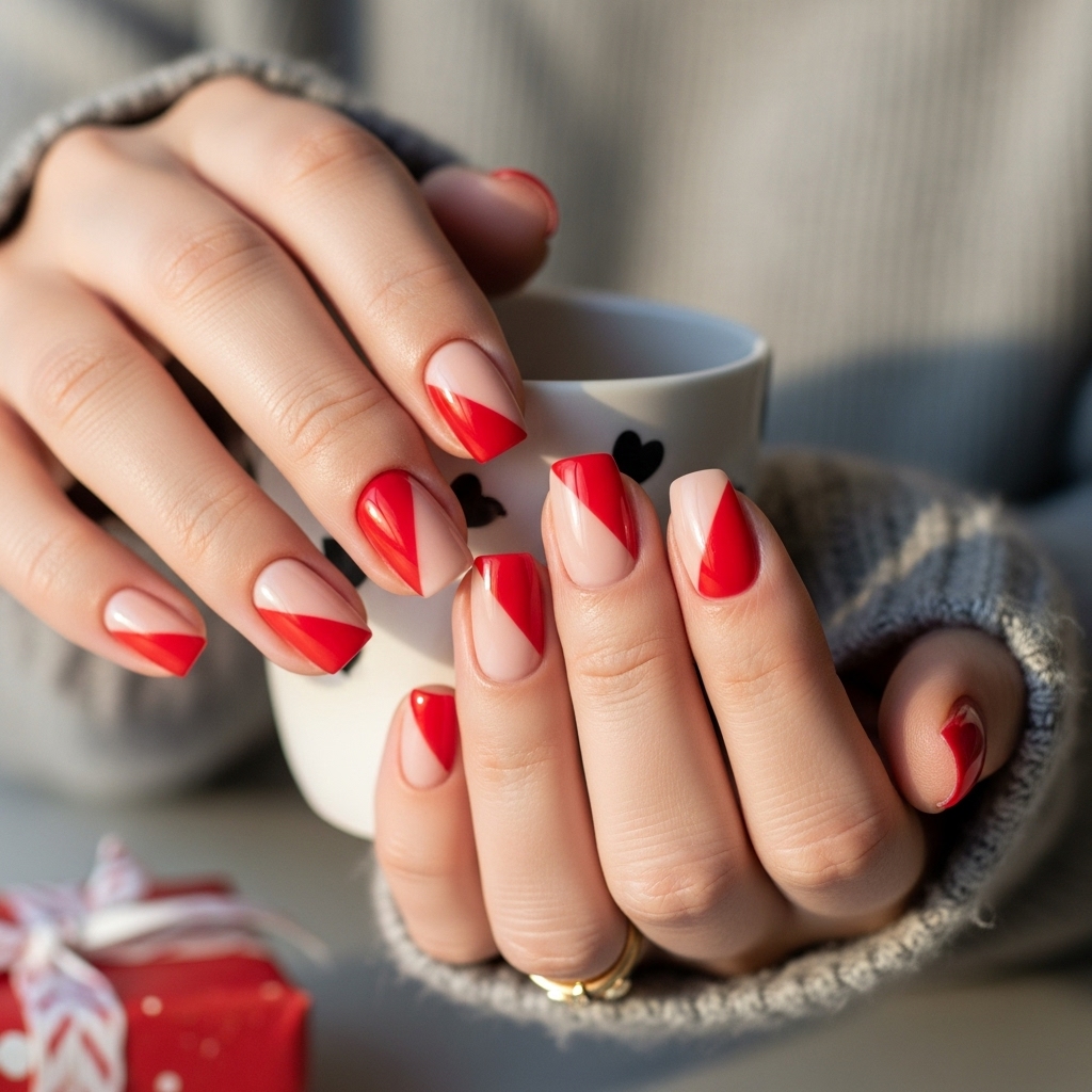 Red and Nude Color-Blocked Nails